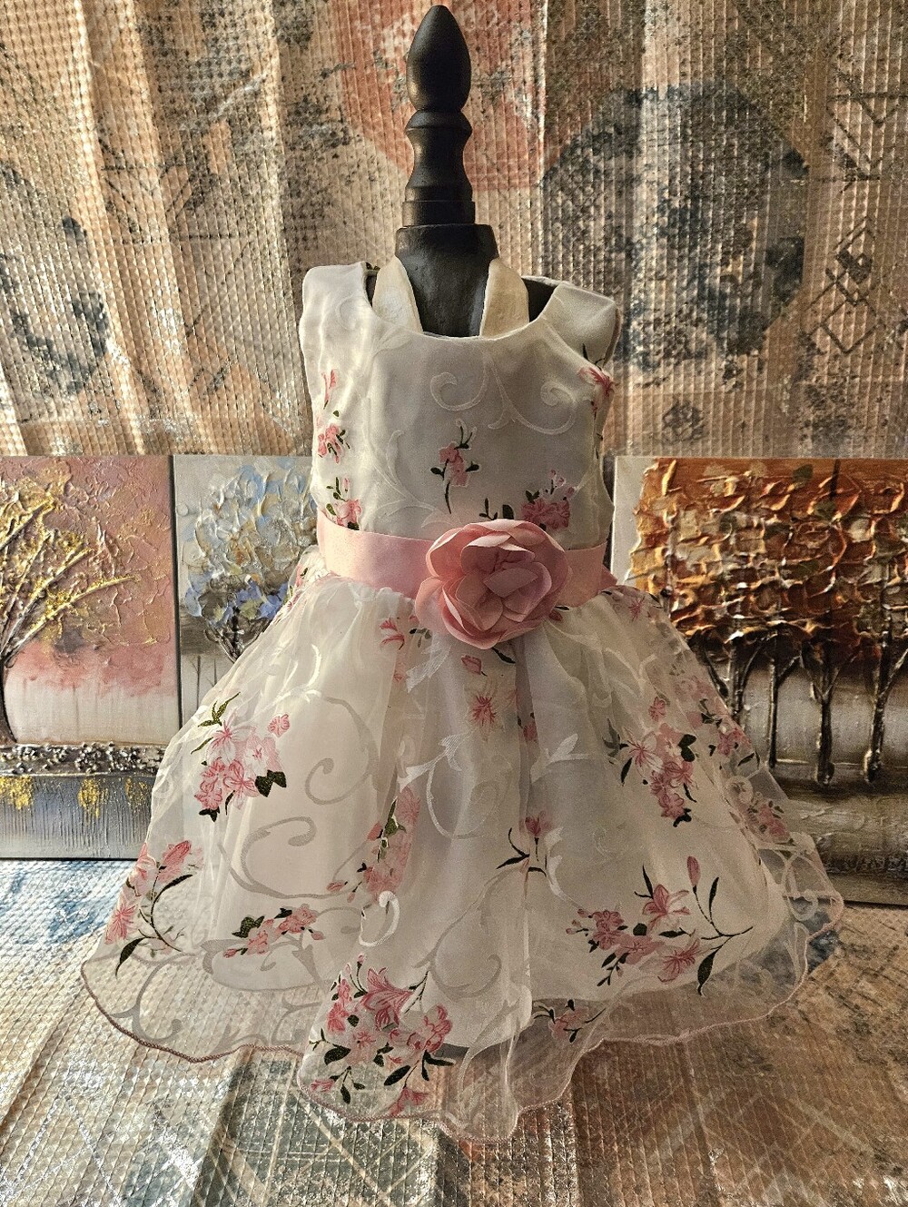 Girls White Floral Party Dress with Pink Sash